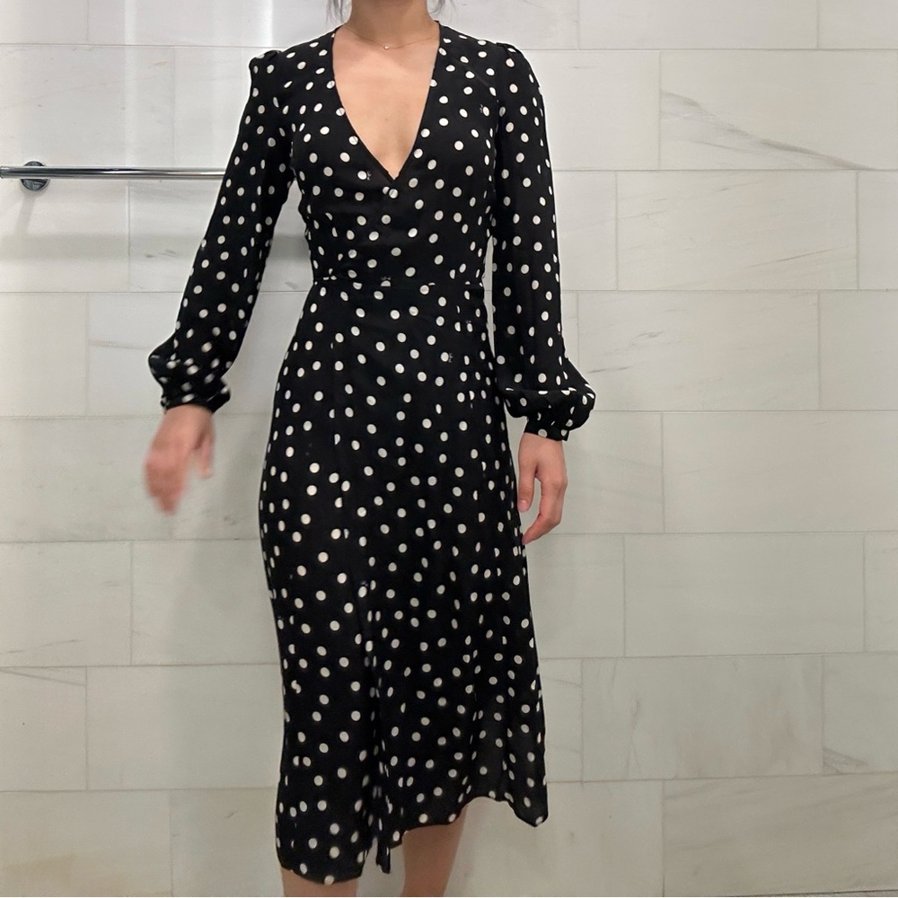 Realisation Par Silk Long Sleeve Wrap Dress (Black and White Polka Dot)